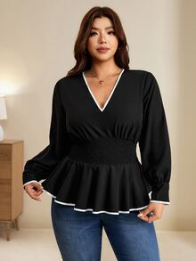 Edennvi Plus Contrast Binding Flounce Sleeve Peplum Blouse - Black - View 1