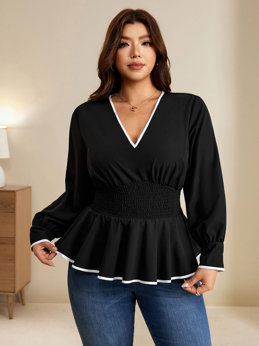 Edennvi Plus Contrast Binding Flounce Sleeve Peplum Blouse - Black - View 1