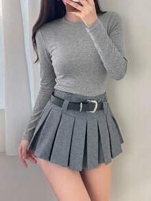 DAZY 女款夏季小立領長袖修身包覆式性感休閒百搭打底T恤 - 淺灰色 - 查看 2