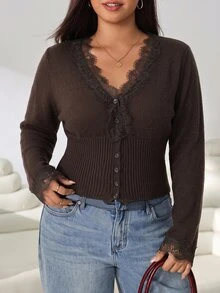 Solflare Plus Lace Trim Button Front Cardigan - Brown - View 7
