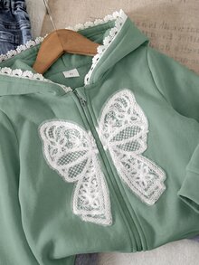 SHEIN 女童灰色與白色花朵蝴蝶結裝飾連帽衛衣外套，適合秋冬外出穿著 - 綠色 - 查看 6