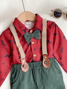 SHEIN 2件組男嬰綠色蝴蝶結領紅色長袖鈕扣襯衫搭配燈芯絨吊帶褲，適合聖誕節 - 彩色 - 查看 6