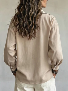 Selamara Plus Size Women's Solid Color Casual Versatile Daily Wear Shirt - Khaki - View 2