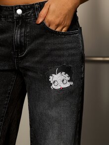 Betty Boop x SHEIN Women's Letter Cartoon Pattern Casual Daily Wear Denim Jeans - Black - View 7