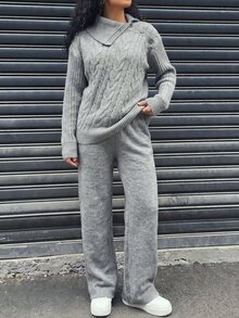 SHEIN 女童秋季時尚休閒鬆弛感針織套裝，灰色刺繡寬鬆套頭毛衣與寬腿褲2件套，休閒極簡舒適百搭優雅秋冬款 - 淺灰色 - 查看 3