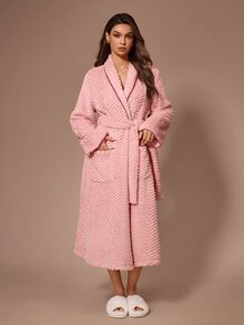 Lazeform Dual Pocket Shawl Collar Belted Flannel Lounge Robe - Pink - View 1