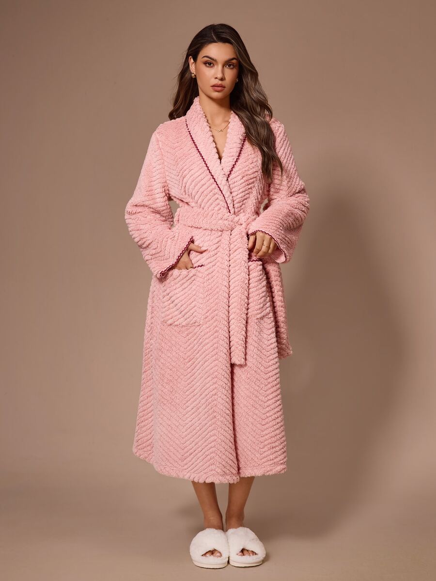 Lazeform Dual Pocket Shawl Collar Belted Flannel Lounge Robe - Pink - View 1