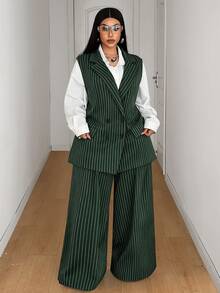 Mawevolt Plus Size Women's Button Striped Vest Jacket And Loose Long Pants Suit Set - Dark Green - View 4