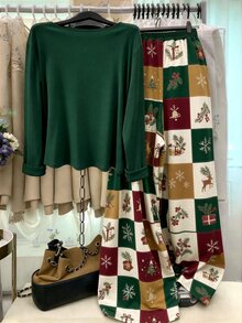 GlowEve CURVE Plus Size Solid Color Knit Cardigan, Front Button Closure, Striped Fitted Drawstring Decor, Elegant Casual Commute Daily Wear Pants Fall Christmas - Dark Green - View 2