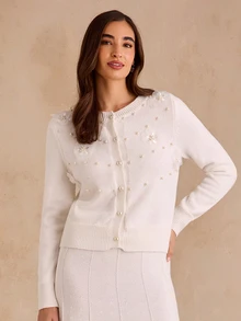 Enchnt Premium Winter Romantic Women's Elegant White Pearl Decor Wool Knit Cardigan,Casual Outfits,Daily Outfit,Formal Outfits,Going Outfits,Christmas - White - View 2