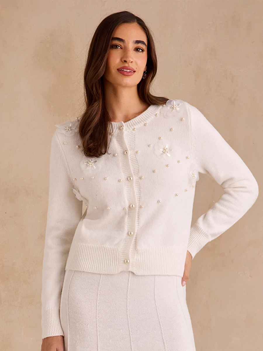 Enchnt Premium Winter Romantic Women's Elegant White Pearl Decor Wool Knit Cardigan,Casual Outfits,Daily Outfit,Formal Outfits,Going Outfits,Christmas