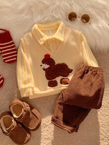 SHEIN 中性嬰兒男/女童、幼兒 2 件組秋冬抓絨內裡加厚可愛小狗貼布繡 2 合 1 運動衫套裝，嬰兒冬季套裝，聖誕節 - 黃色 - 查看 8