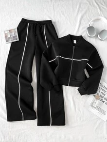 SHEIN 兒童青少年女孩秋冬休閒街頭風抓絨加厚兩件套 長袖拉鍊立領反光飾條運動衛衣外套 + 寬腿運動長褲 休閒套裝，適合戶外穿著，休閒舒適 - 黑色 - 查看 2