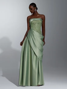 Elitara Elegant Luxury Beaded Strapless Fabric Ruched Asymmetrical A-Line Design Evening Gown Suitable For Wedding Or Formal Party Banquet - Army Green - View 7