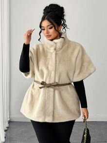 Cravure Plus Size Autumn/Winter Mid-Sleeve Cinched Waist Faux Fur Jacket - Apricot - View 4