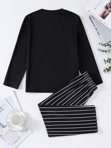 SHEIN 青少年男孩字母印花長袖上衣與長褲休閒日常居家睡衣套裝 - 黑色 - 查看 2