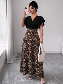 SHEIN PETITE 1pc Leopard Print Surplice Neck Butterfly Sleeve Dress - Multicolor - View 1