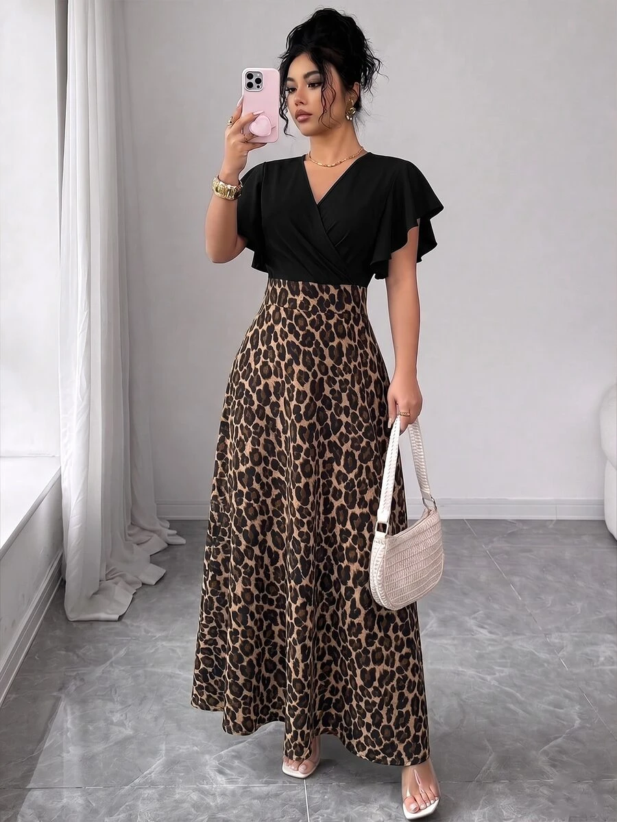 SHEIN PETITE 1pc Leopard Print Surplice Neck Butterfly Sleeve Dress - Multicolor - View 1