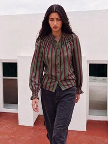 Nöista Striped Shirt With Gathered Stand Collar And Puff Sleeves - Multicolor - View 4