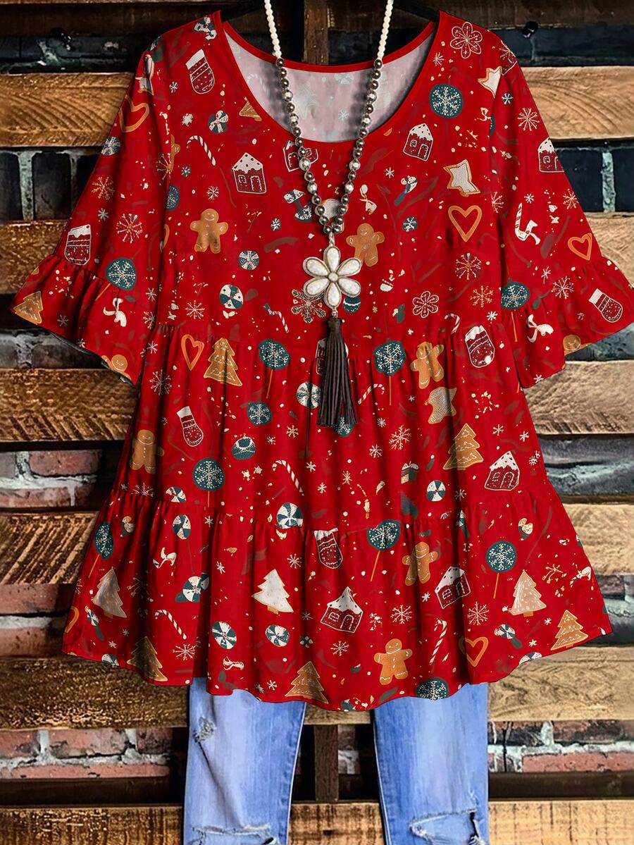 EMERY ROSE Plus Size Women's Halloween Pumpkin Ghost Bat Print Ruffle Trim Sleeve Tiered Peplum Blouse,Fall Holiday Party Chic Tops Shirt - Multicolor - View 1