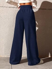 SHEIN Tall CURVE 大尺碼女款休閒寬鬆直筒長褲 秋季 - Infinite Blue - 查看 2