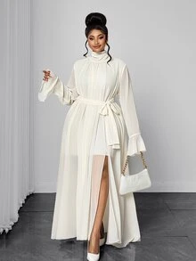 Maweii Plus Size Semi-High Neck Chiffon Long Dress, Ruched Draped Collar, Flared Long Sleeves, Tie Waist, Slit Hem, Draped Beige Dress - Beige - View 1