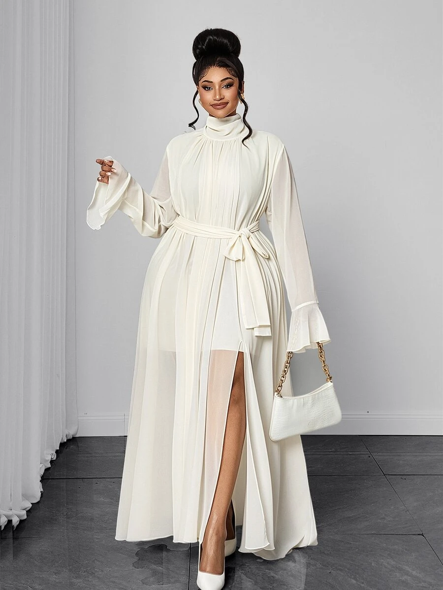 Maweii Plus Size Semi-High Neck Chiffon Long Dress, Ruched Draped Collar, Flared Long Sleeves, Tie Waist, Slit Hem, Draped Beige Dress - Beige - View 1