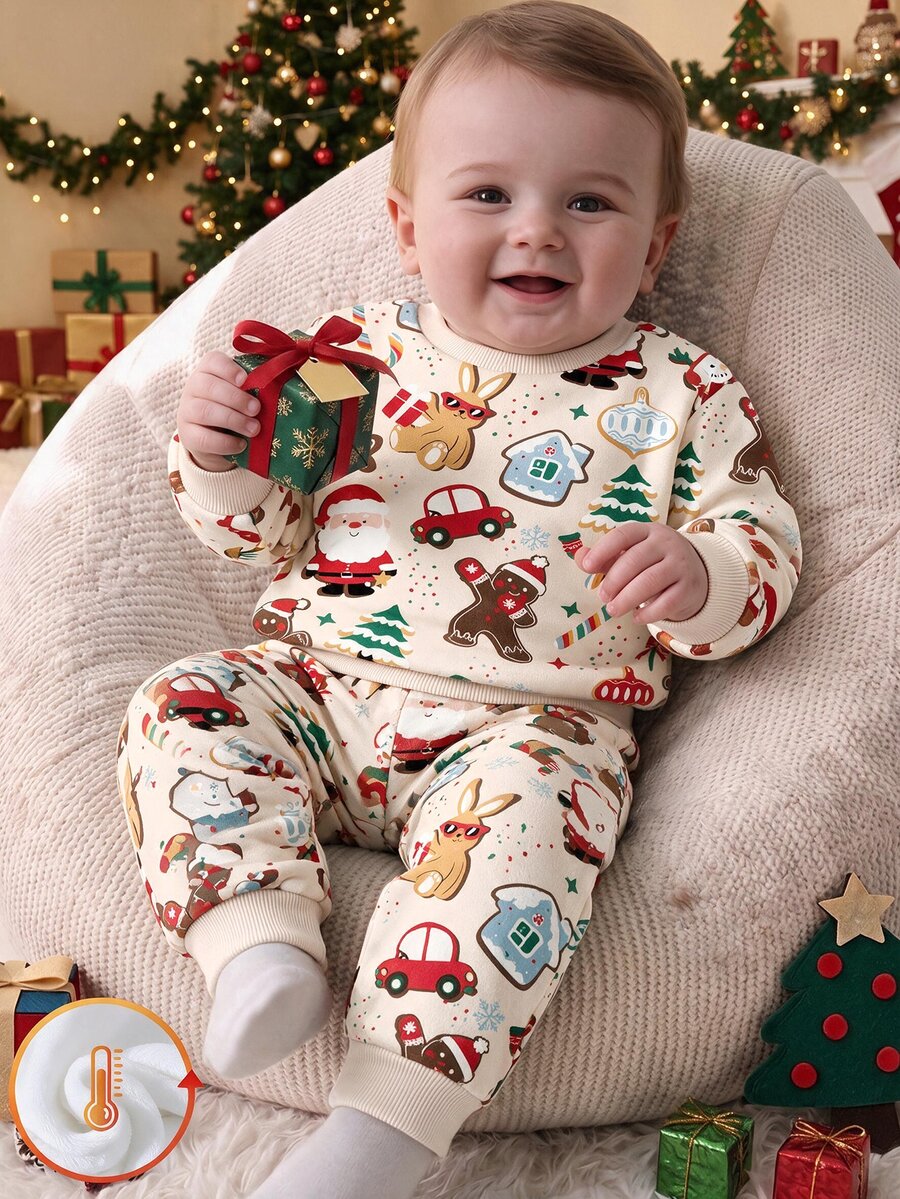 Infant Toddler Round Neck Casual Comfortable Set, Classic Christmas Element Pattern Print, Cute Christmas Reindeer Pattern Print, Classic Christmas Candy Pattern Print, Classic Christmas Gingerbread Man Pattern Print, Christmas Snowman Pattern Print, Classic Christmas Tree Pattern Print, Suitable For Autumn/Winter, Suitable For Christmas - Multicolor - View 1