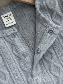 SHEIN 男嬰純色紋理針織前開扣連身衣 - 藍色 - 查看 4