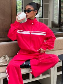 Muchica Women's New Autumn Red Open Front Jacket And Pants Set For Going Out, Streetwear, Y2K,Fall Clothes For Women - Red - View 3
