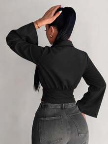 SHEIN SXY Women's Solid Color Pleated Casual Daily Long Sleeve Shirt - Black - View 2