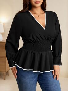 Edennvi Plus Contrast Binding Flounce Sleeve Peplum Blouse - Black - View 5