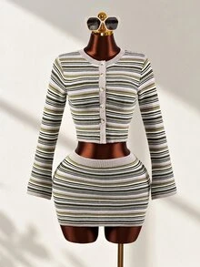 Mistrie Striped Knit Cardigan Skirt Set, Y2K Two Pieces Outfit, Cropped Cardigan & Mini Skirt, - Multicolor - View 8