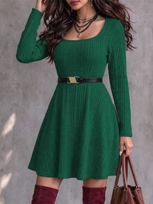 Vionelle Plus Ribbed Knit Scoop Neck Dress Without Belt Fall Cloth For Women - Dark Green - View 5