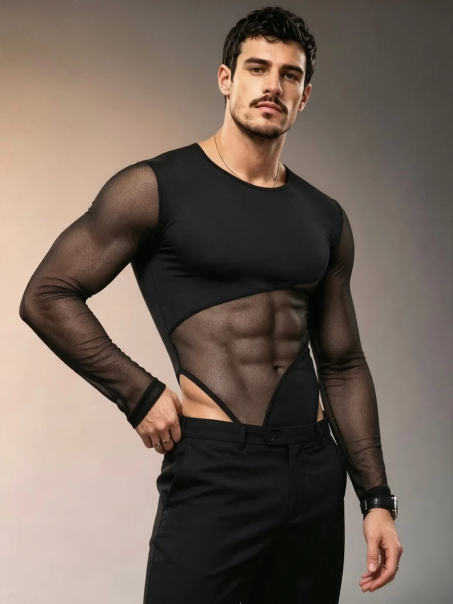 ZURIURI Jumpsuit nam mỏng xuyên thấu ôm sát sexy phối lưới rỗng thời trang - màu đen - Xem 1