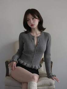 FRIFUL Solid Color Casual Daily Wear Knit Sweater For Middle-Aged And Elderly Women - Grey - View 5