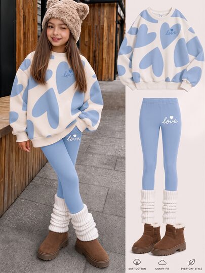 Teen Girl 1pc Heart Letter Graphic Drop Shoulder Sweatshirt & 1pc Leggings Set