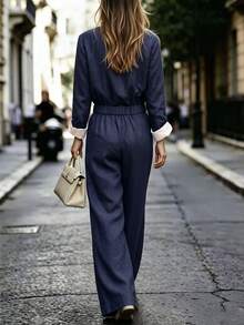 RosyDaze Colorblock Tie Neck Roll Tab Sleeve Shirt & Fold Pleated Wide Leg Pants Set - Blue - View 2