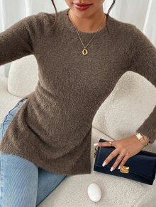 SHEIN Frenchy 女款休閒優雅純色圓領長袖側開衩修身保暖刷毛T恤 秋冬上衣 早午餐辦公穿搭 - 橄欖綠 - 查看 5