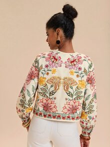 Travachic 女款花卉印花休閒波西米亞復古百搭日常旅行夾克，黑色，秋季 - 彩色 - 查看 5