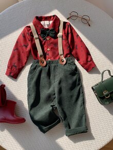 SHEIN 2件組男嬰綠色蝴蝶結領紅色長袖鈕扣襯衫搭配燈芯絨吊帶褲，適合聖誕節 - 彩色 - 查看 3