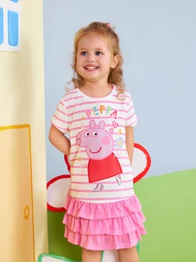 Peppa Pig X SHEIN Young Girl Striped Print Round Neck Short Sleeve Ruffle Hem Cute Dress Peppa Pig - Pink - View 4