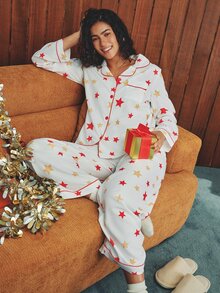 Esseday Star Print Contrast Piping PJ Set - White - View 5