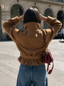 SHEIN BAE Women's Solid Color Stand Collar Casual Versatile Long Sleeve Wool Blend Jacket - Brown - View 2
