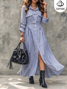 Ceyna Plus Striped Print Roll Tab Sleeve Shirt Dress - Blue and White - View 6