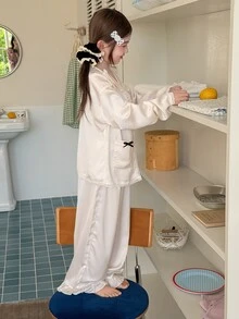 Dazy Kids Tween Girl Bow Decor Pocket Single-Breasted Long Sleeve Top And Shorts Pajama Set - Beige - View 6