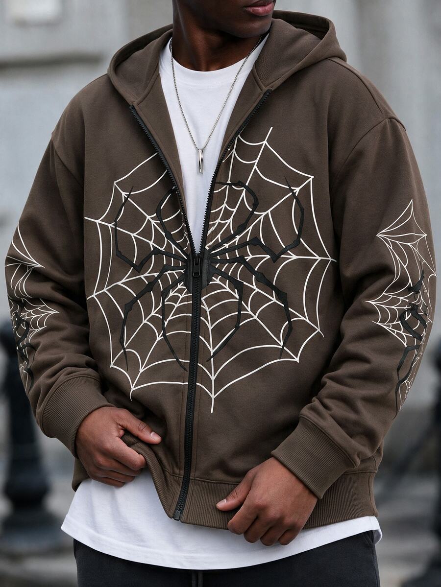 Manfinity RebelGame Loose Fit Men Spider Web Print Zip Up Hoodie Without Tee - Coffee Brown - View 1