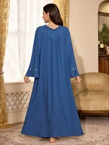 PalaceNights Royal Style Heavy Embroidery Ruffle Trim Patchwork V-Neck Long Sleeve Loose Maternity Nightgown, Long Length Wearable Out - Blue - View 2