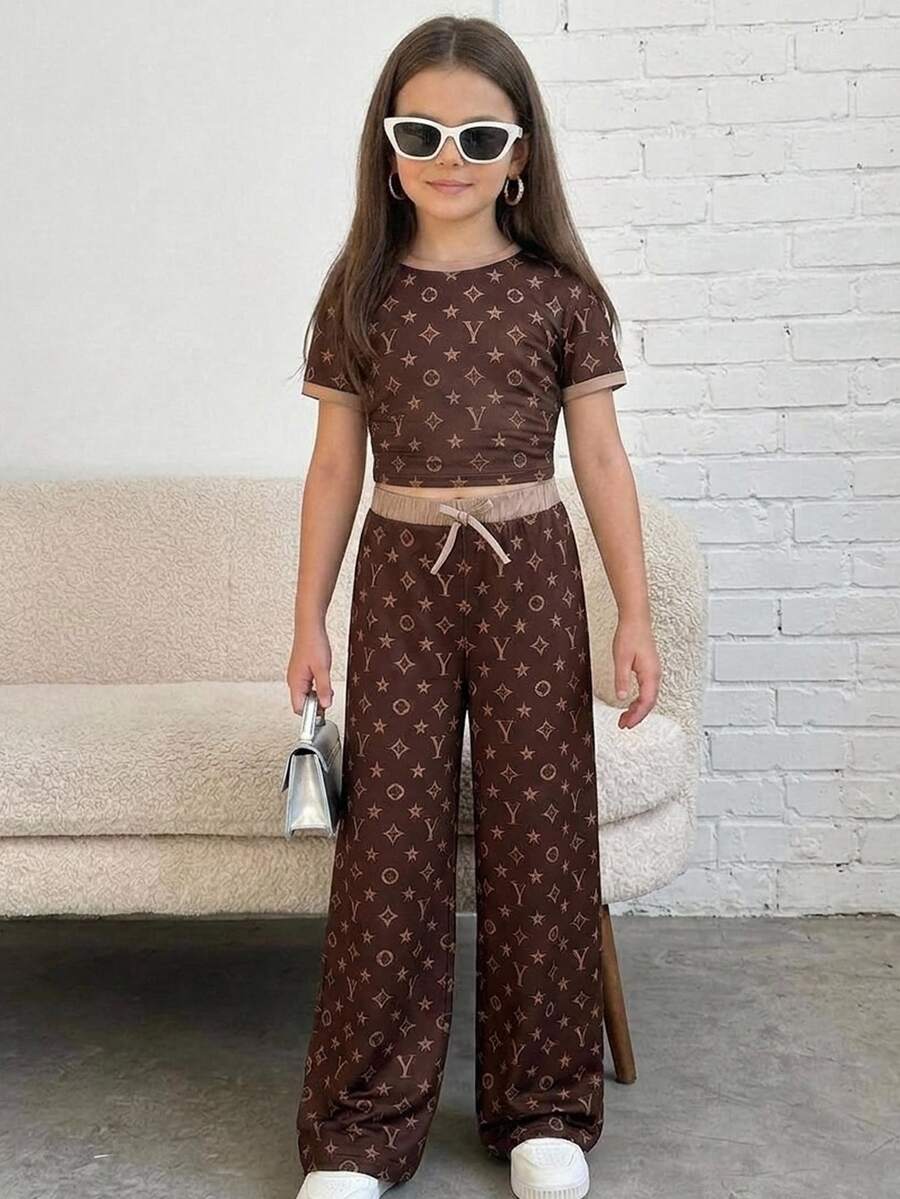 SHEIN 青少年女孩條紋襯衫套裝,正式場合、休閒日常,時尚百搭 - 杏色 - 查看 1