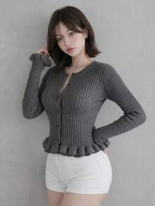 FRIFUL Solid Color Casual Daily Wear Knit Sweater For Middle-Aged And Elderly Women - Grey - View 3